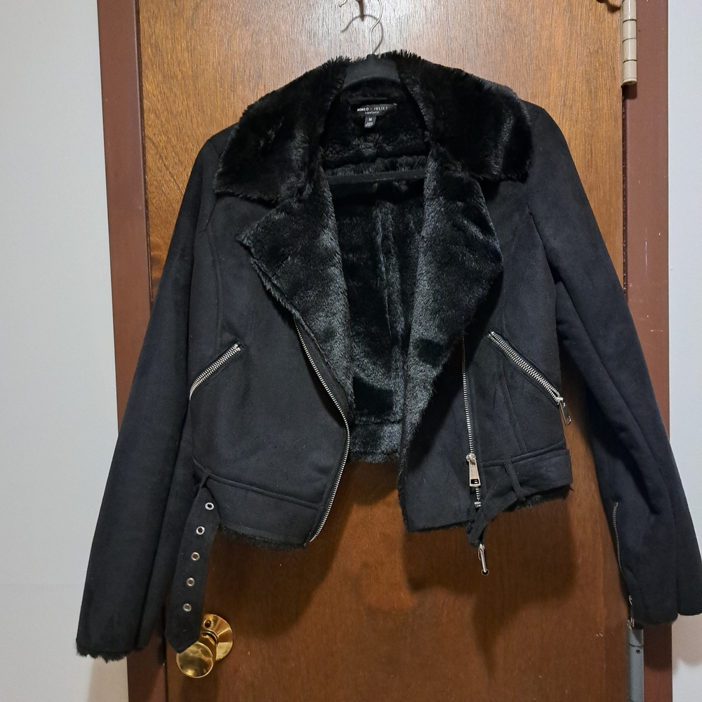 Romeo & Juliet Couture Black Faux Fur Moto Jacket